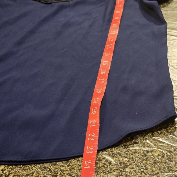 Express Women's Blue Chiffon Blouse Cap Sleeved Black Inlaid Lace Yoke Size XS - Picture 9 of 9